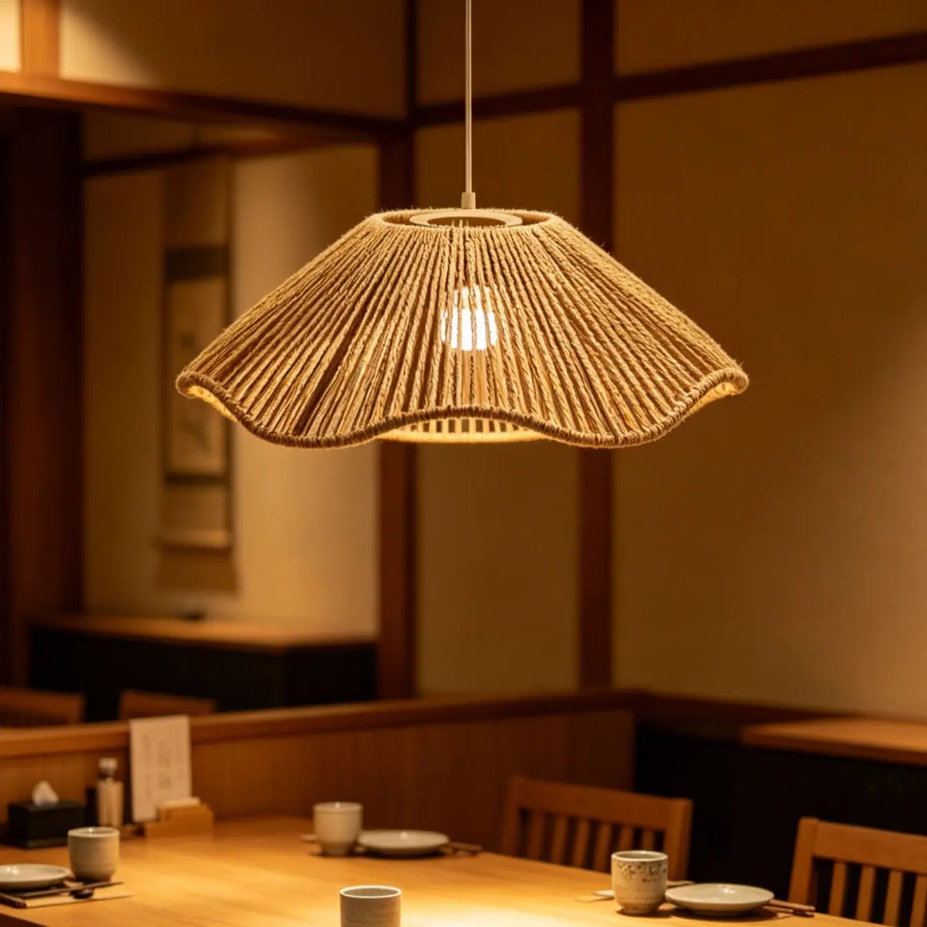 Modern Handmade Paper Rope Umbrella Pendant Light Shade, Wave Pattern, Soft Glow, E27 Base, Ideal for Home, Restaurant, Cafe