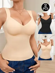 1/2 Pack Women Molded Cup Seamless Tank Top Body Shaper Camisole, U Shape Wide Strap Back Support Posture Vest, Gentle Tummy Control Everyday Layering Undergarment All Season Wear