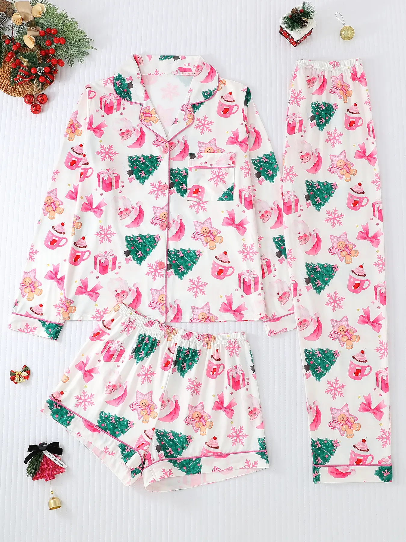 Women's 3-Piece Pajama Set, Long Sleeve Top & Pants, Christmas Tree Print, Casual Fitted Sleepwear for All Seasons