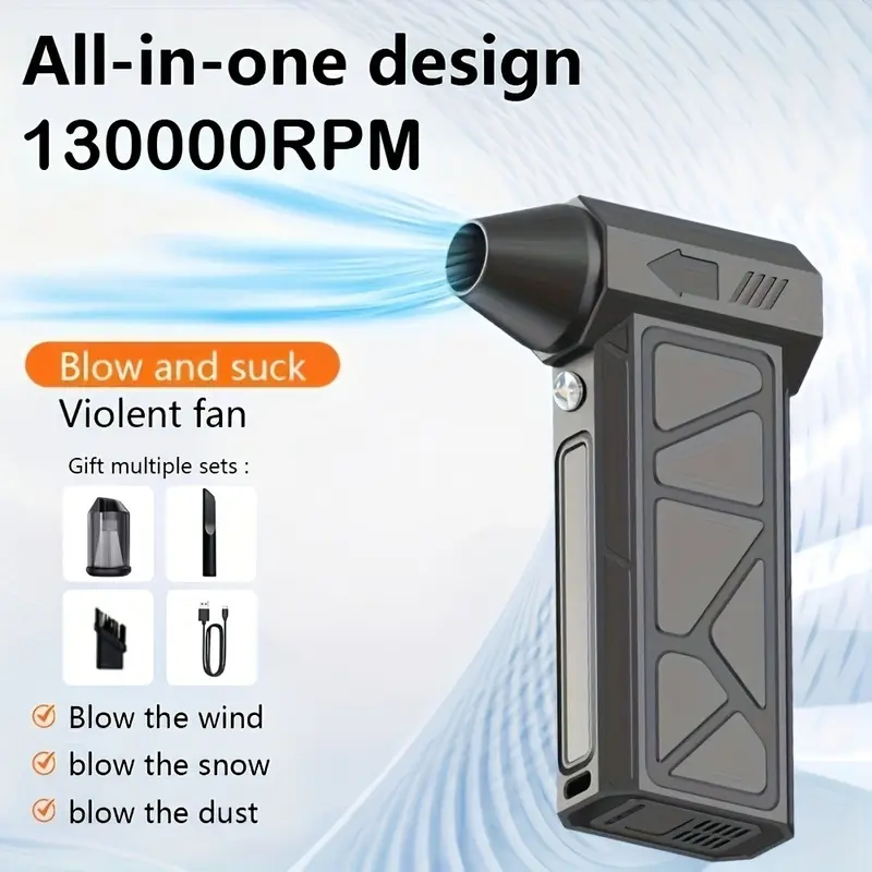 Portable Cordless Air Duster, 2-in-1 Rechargeable Blower and Vacuum Combo, 130000 Rpm High-speed Turbine Fan, Adjustable Air Speed, Cleaning Tools for the Office and Home, Car Dusting, Clearing Snow, Blowing Away Leaves, and Help Start a Fire.