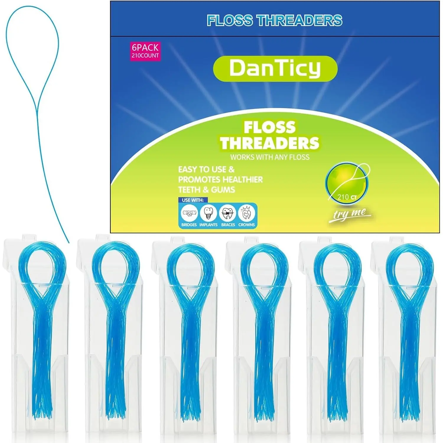 Floss Threaders, Deep Clean Dental Floss Threader for Braces, Bridges, and Implants 210PCS(6Pack),Blue