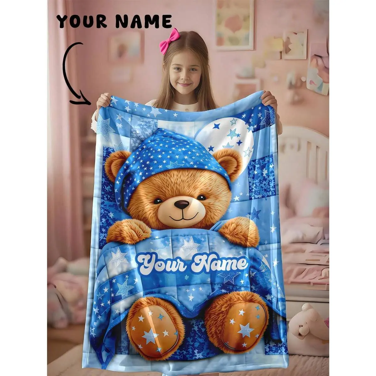Personalized Starry Night Bear Flannel Throw Blanket - Blue Gingham, Wrinkle Resistant, Soft Cozy Warm, Customized Name Glam Design, for Toddlers, Nursery Decor, Crib Cover, Milestone Birthday Gift, Home Use, All Seasons