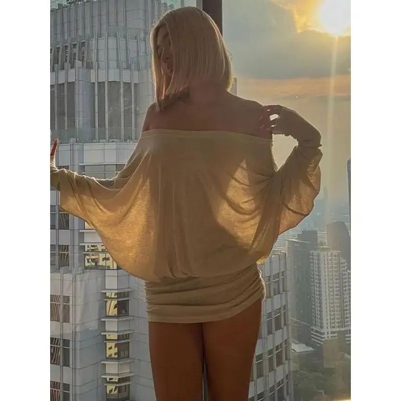 Sheer Ruched Off-Shoulder Long Sleeve Mini Dress for Women, Spring & Fall Party