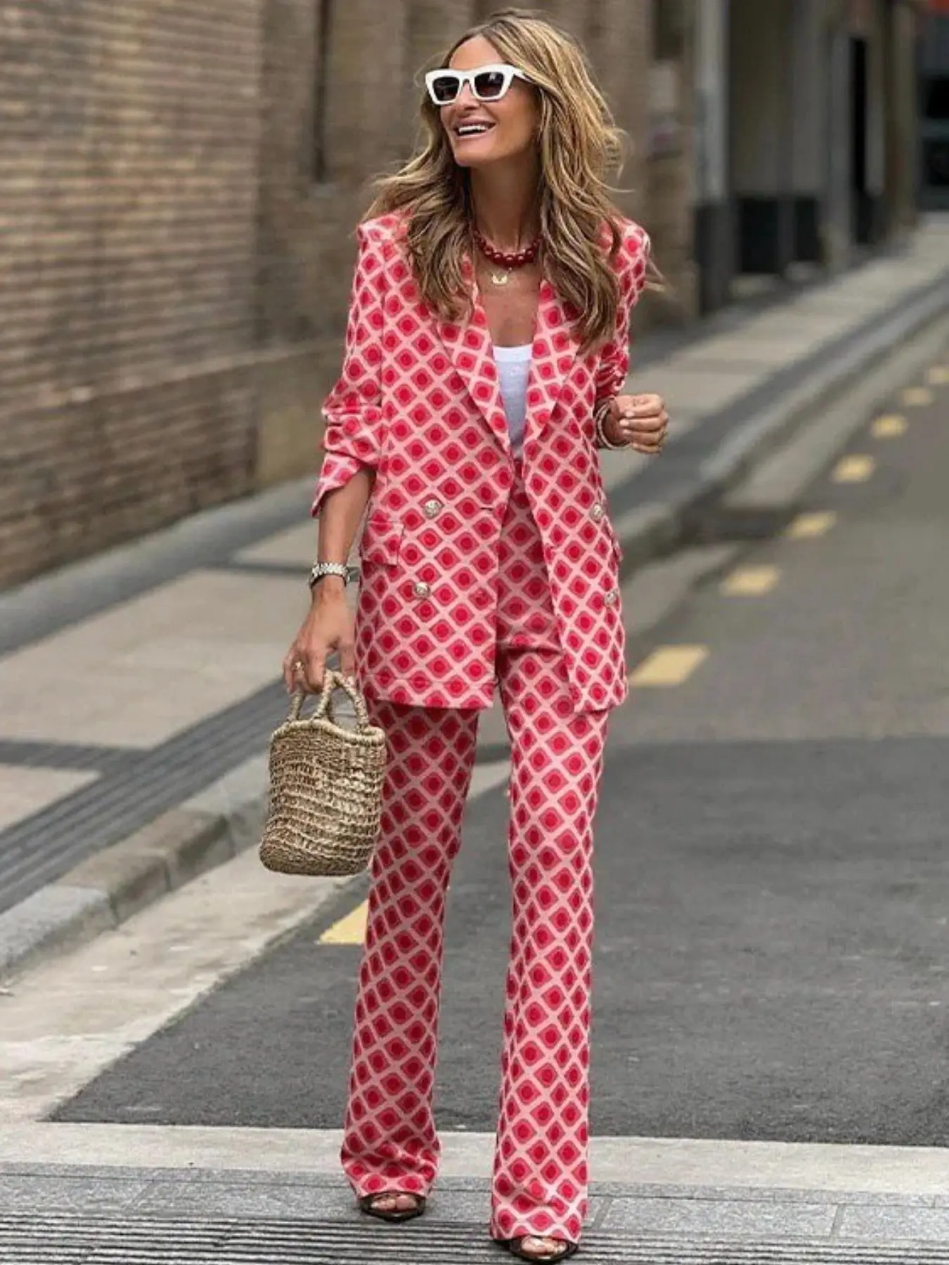 Rhombus Print Suit Pants Set for Women, Elegant Double-Breasted Two-Piece, Stylish Business Wear, Perfect for Office & Formal Events
