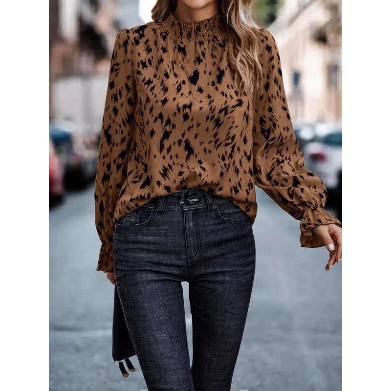 New European and Style Autumn Winter Elegant Polyester Pullover Long Sleeve Half High Collar Loose Fit Women's Shirt