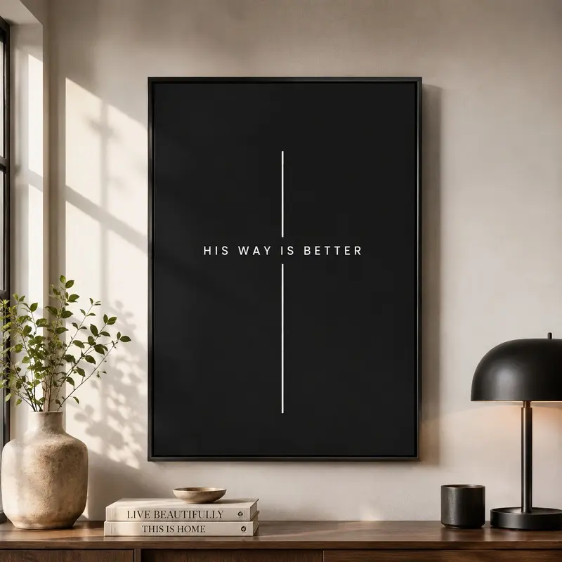 Christian Wall Art, Faith Based Wall Decor, Religious Wall Decor, His Way Is Better Black & White Cross Canvas Print for Teen Boys' Bedroom Decor, Christian Cross Poster