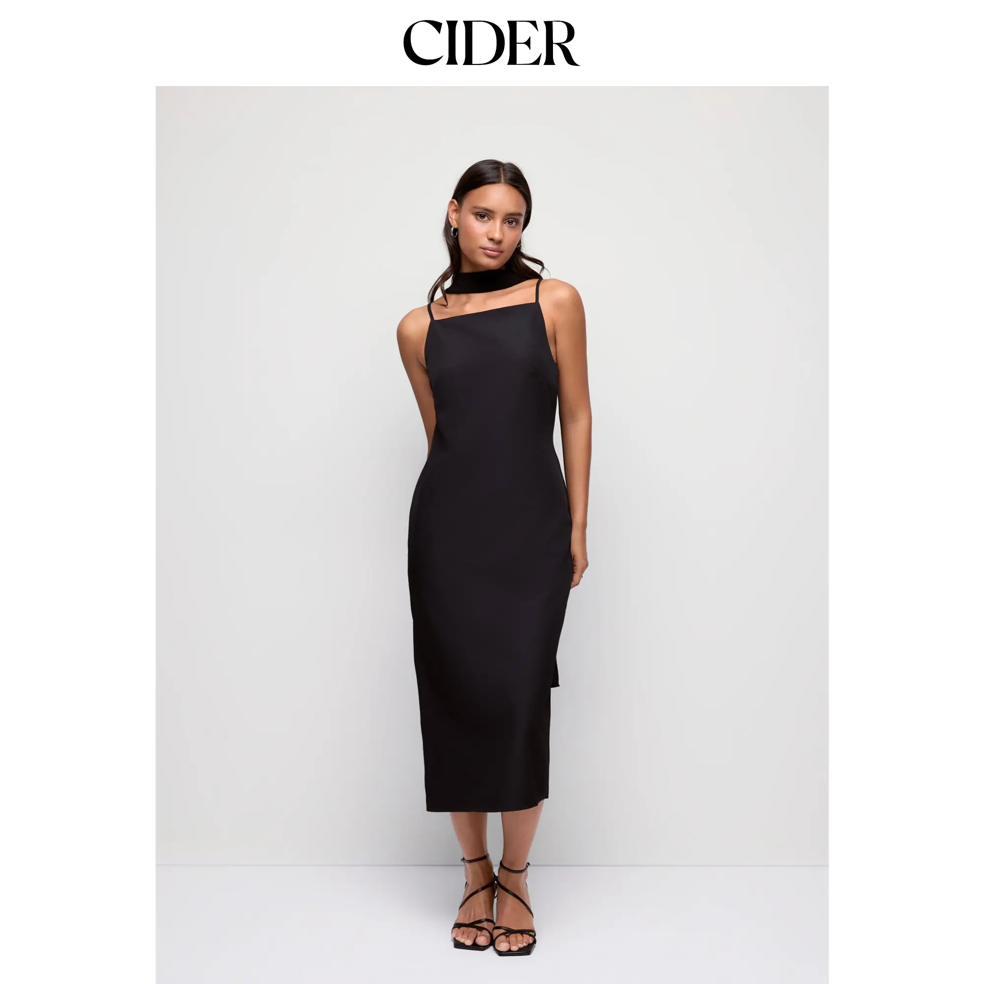 Cider Square Neck Split Straight Midi Dress With Scarf