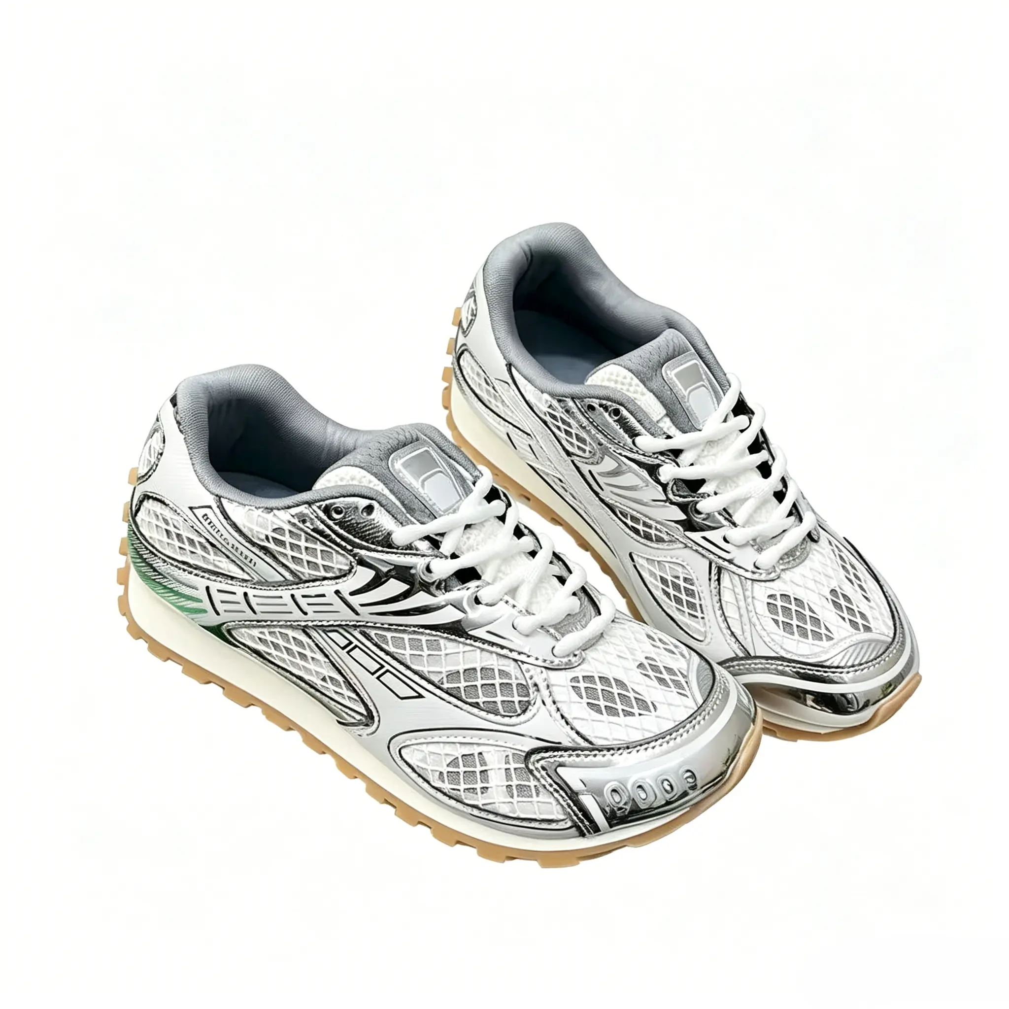 Retro 'Gamma Blue' 2025 Stylish Basketball Shoes Athletic Vintage Metallic Silver Mesh Sneakers for Women, Breathable Grid Lace Up Walking Trainers, Rugged Non-Slip Gum Rubber Casual Running Shoes, Lightweight