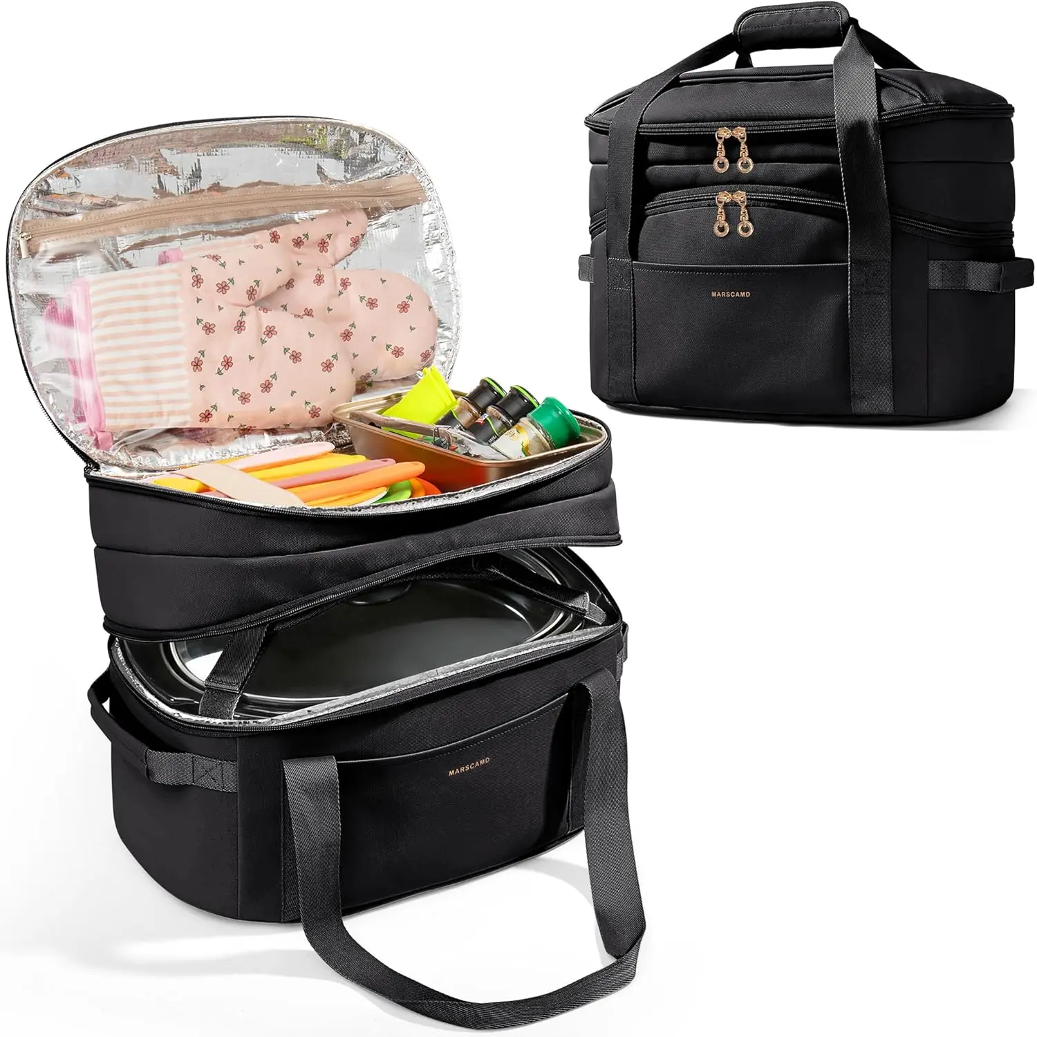 Double Layers Slow Cooker Carrying Bag Compatible with 6-8 Quart Crockpot and Hamilton Beach, Insulated Slow Cooker Carrier with Utensils Storage Section, Black