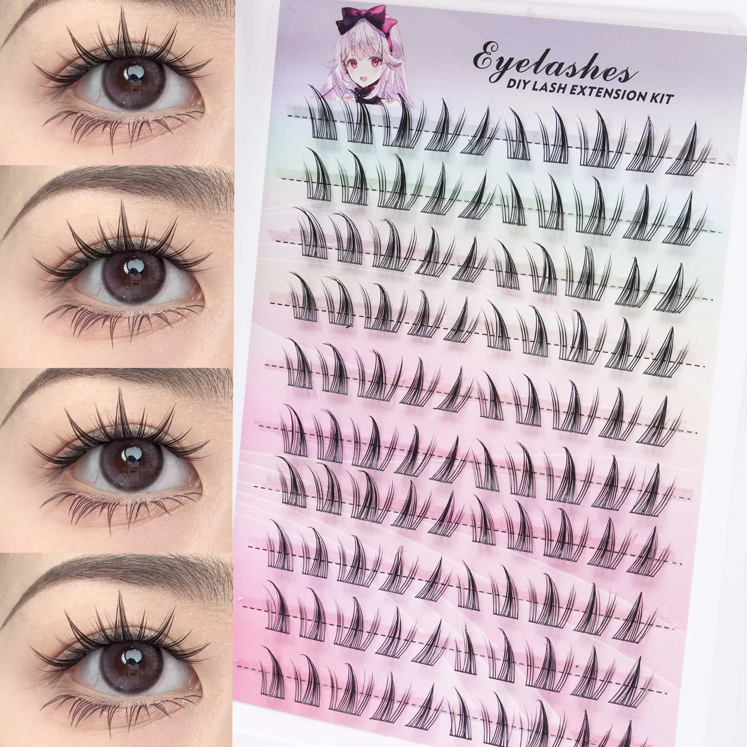 DIY Lash Extension Kit 10 Rows 100 Pcs Cluster Lashes Spiky Manga Cosplay Eyelashes Wispy Fairy Little Devil Individual Lashes for Beginners D Curl