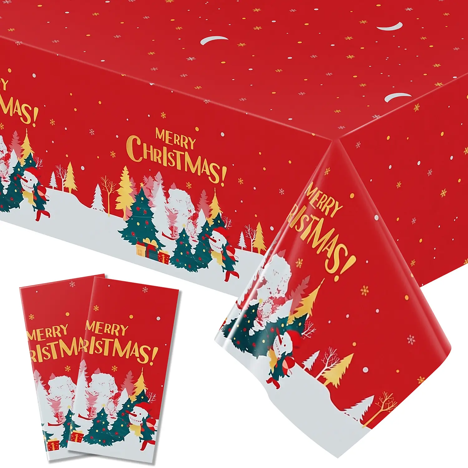 1/3 Pcs Disposable Waterproof Aluminum Foil Christmas Rectangle Tablecloth, 54×72/54×108 Inch Red Merry Christmas Snow Tree Print Decorative Table Cover for Holiday Dinner, Family Gathering and Christmas Party Decorations