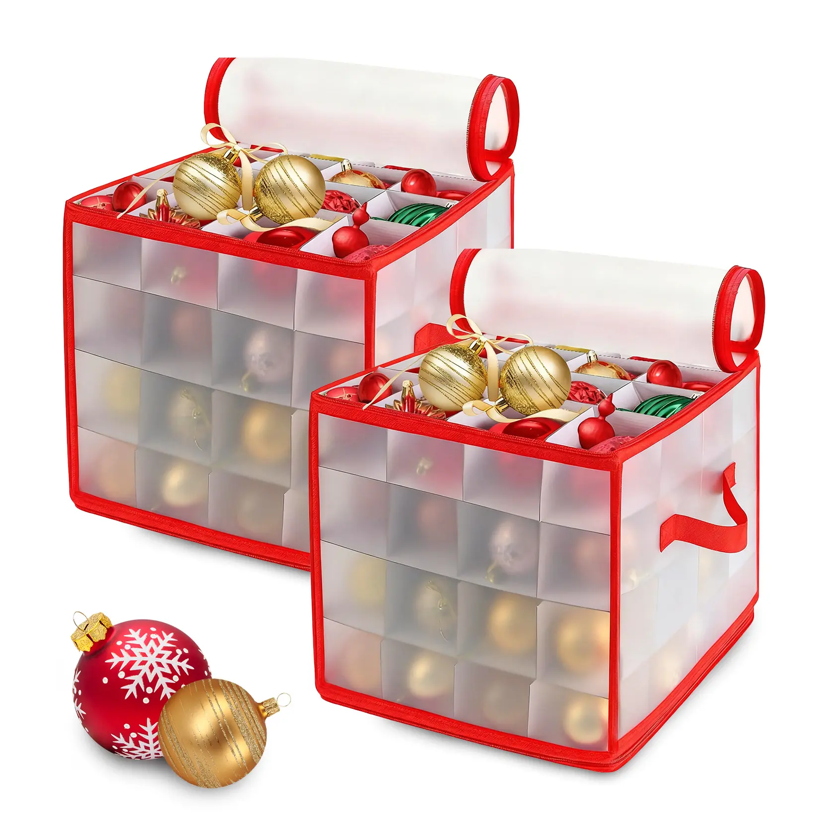 2-Pack Durable Christmas Ornament Storage Boxes – 128 Compartment Plastic Containers – Dual Zippers, Side Handles, Secure Lids – Portable Holiday Decoration Organizer