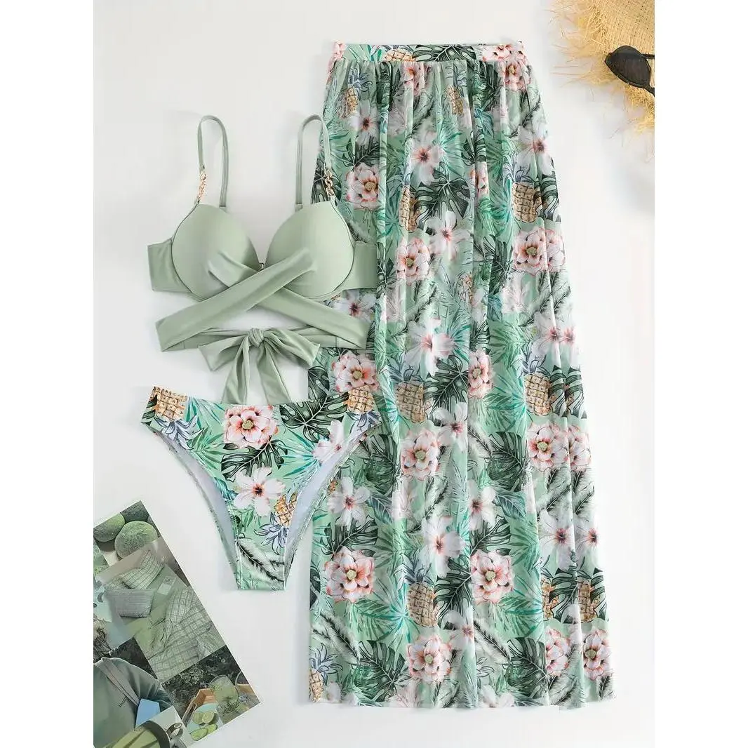 Women's 3-Piece Bikini Set, Tropical Pineapple Print Bathing Suit with Solid Cross-Back Top and High-Waist Maxi Cover-Up Skirt