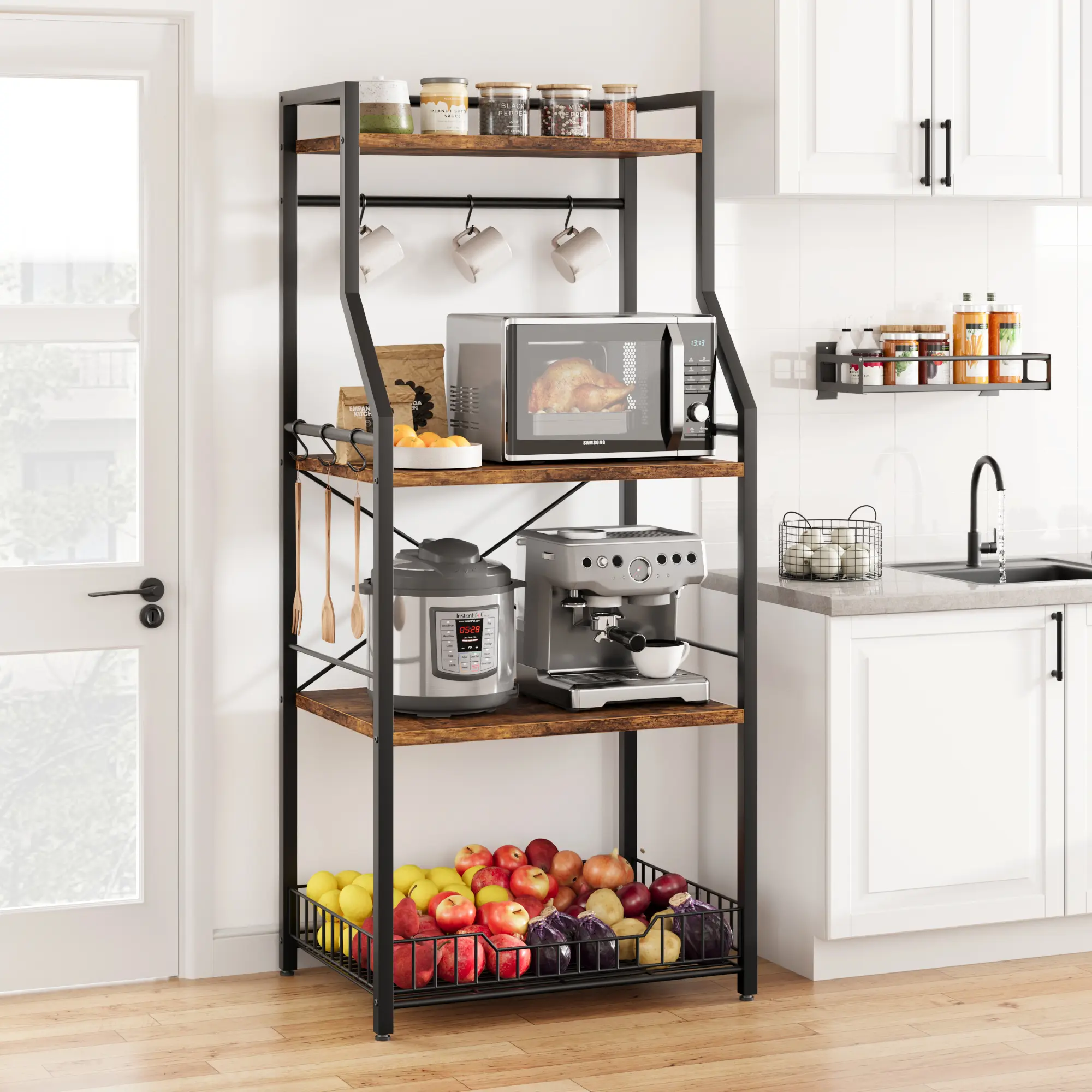 Rustic Brown 4-Tier Kitchen Bakers Rack with Microwave Stand, Large Wire Basket and 8 Hooks – Industrial Coffee Bar and Utility Storage Organizer for Spices and Pots