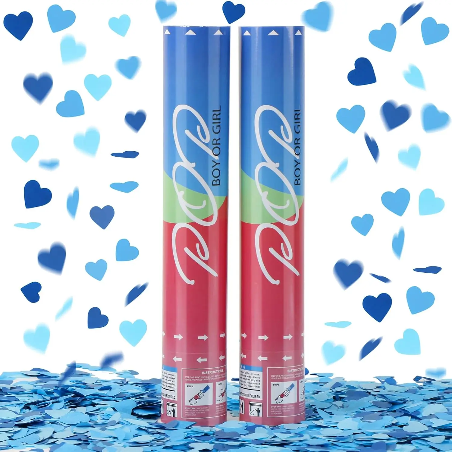 Confetti Poppers, Blue Confetti Cannon 2 Pack with Heart Shaped Party Confetti for  Shower, Birthday,  Party Supplies - 12 inch