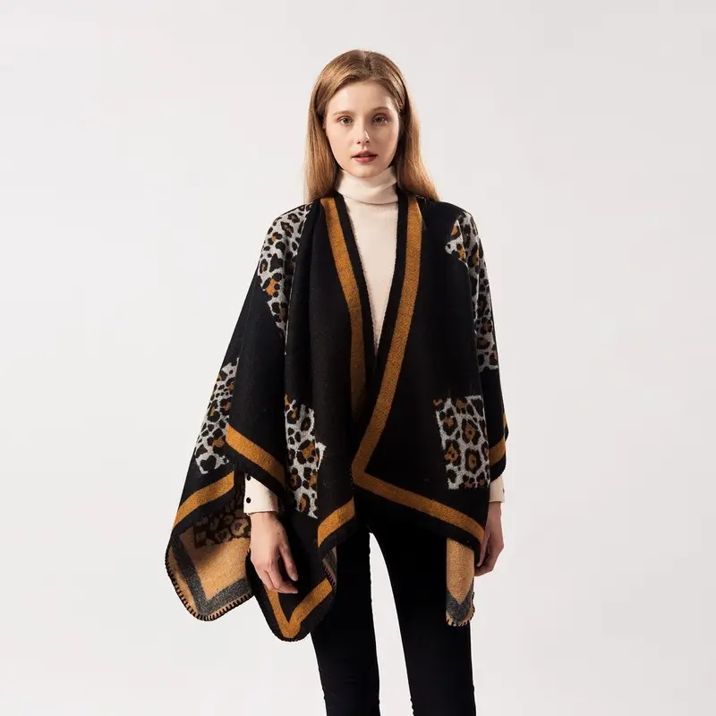Women's Large Size Rectangular Leopard Print Faux Cashmere Scarf - Soft Texture, Dual-Purpose Autumn Winter Sports Outerwear, Air Conditioning Shawl Cape