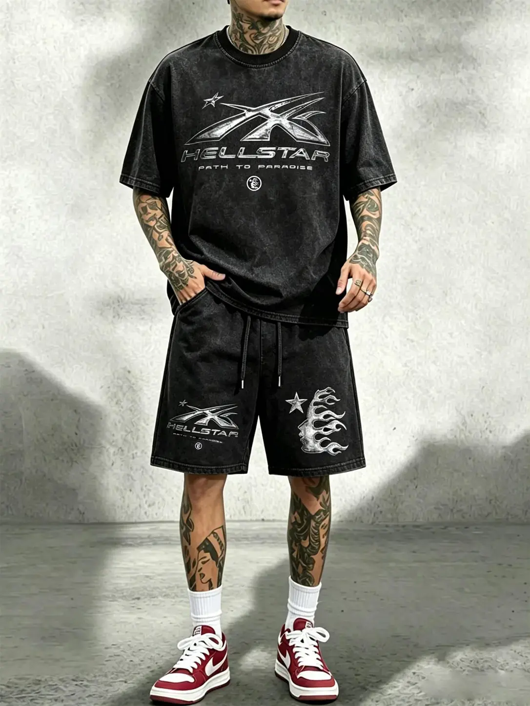 Men's Summer Tropical Fashion Set, Vintage Dark Street Style, Graphic Tie-Dye Letters Stars Fire, Short Sleeve T-Shirt and Shorts, Two-Piece