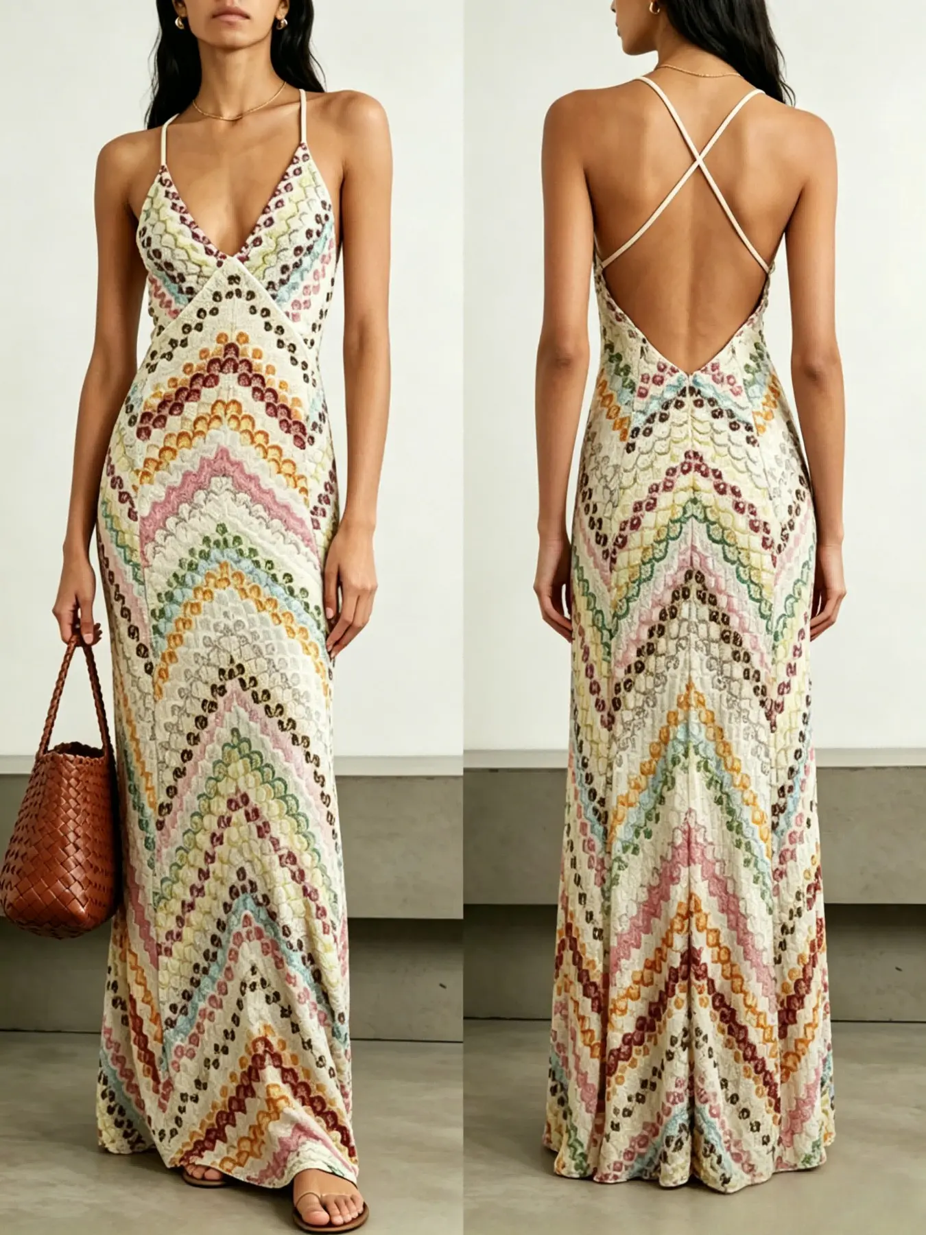 Colorful Rhombus Knit Halter Sleeveless Long Dress, Slimming Stretch Fabric, Vacation Style V-Neck Backless Design, Summer Travel for All Heights