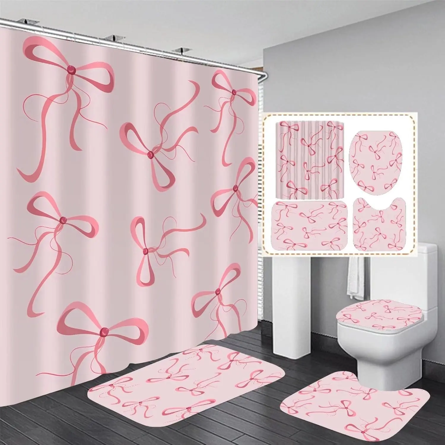 4pcs Pink Bow Bathroom Shower Curtain Set with Rugs and Accessories | Bathroom Decor Set with Waterproof Bath Curtain 70*70 in Bath Mat Toilet Lid Cover U-Shape Rug with 12 Hooks for Washroom