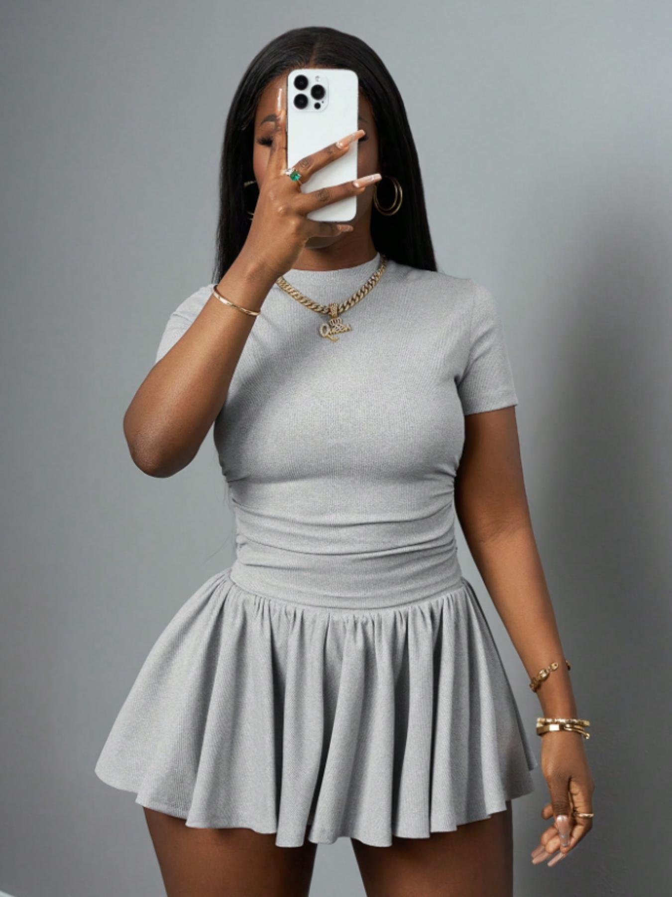 Two-piece Set Women's Solid Color Knit Tee & Skort, Casual Short Sleeve T-shirt & Skort for Daily Wear, Ladies Clothes for Spring & Summer, Cute Summer Outfit