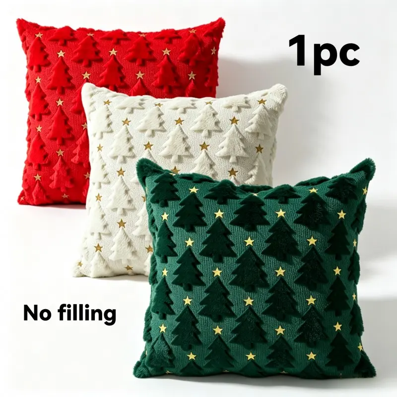 1Pc Christmas Tree Pillow Cover Cushion Case Unfilled Cozy Cute Holiday Nordic Aesthetic Tufted Pine Trees With Embroidered Gold Stars Red Green White Home Couch Sofa Decor Christmas
