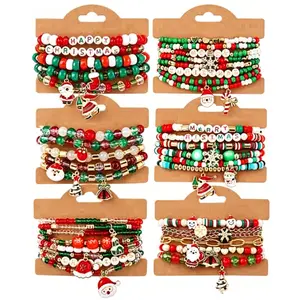 Christmas Charm Bracelets Set, Polymer Clay Beaded Bracelets with Santa, Reindeer, Tree, Bell, Sock Glove Designs. Perfect Holiday Party Favors Christmas Eve Gifts for Women