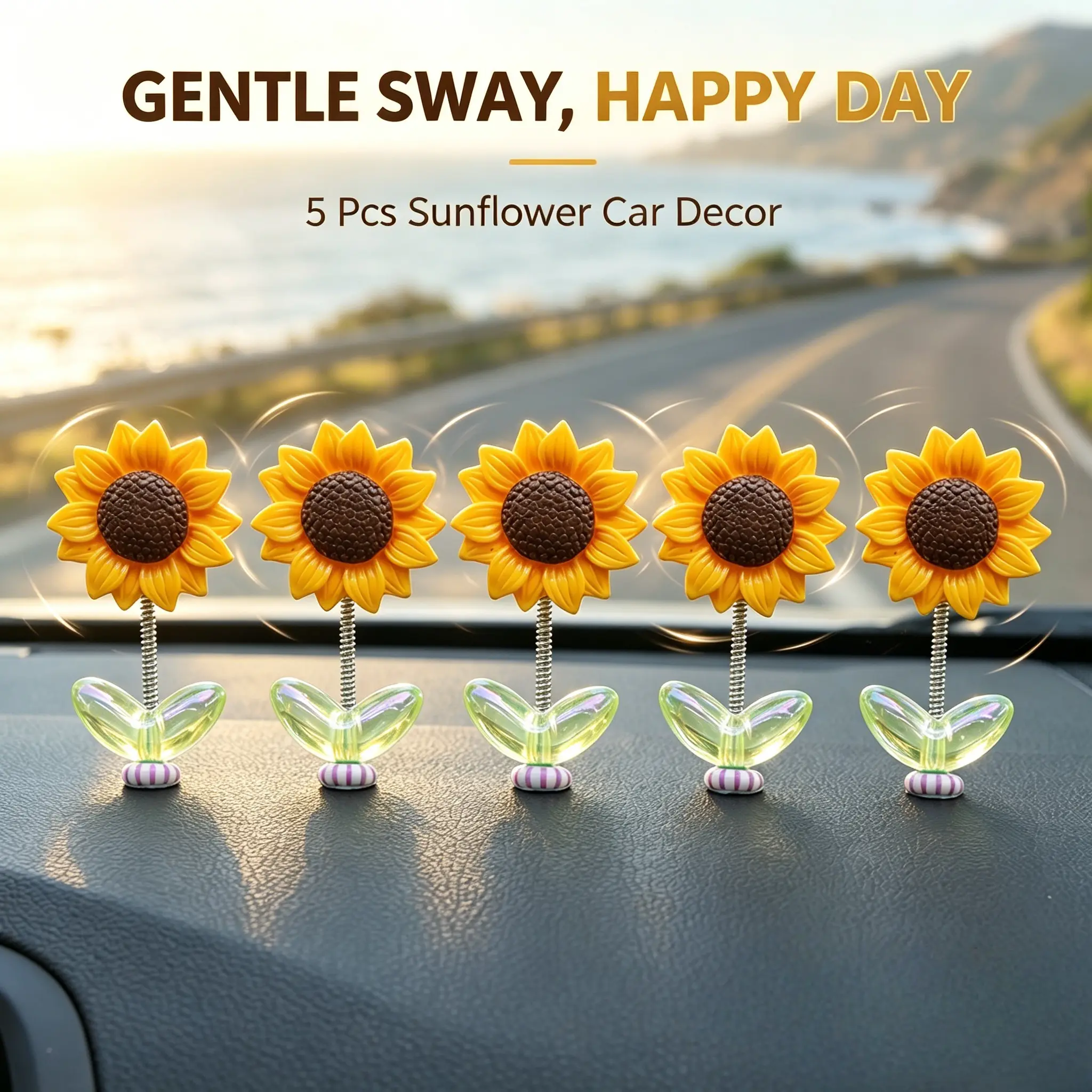 5-Piece Cute Sunflower Car Dashboard Ornament Set - Shaking Head Interior Accessory for Center Console, Auto Accessories Gift-YY0