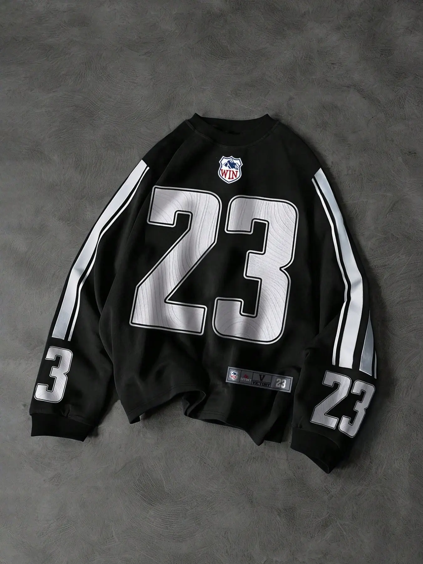 Unisex Y2K Vintage Rugby Sweatshirt, black with contrasting white number graphic print on the chest. Crew neck, ribbed cuffs, loose oversized long-sleeve pullover. Vintage sport jersey-style streetwear top, suitable for daily looks, night outings, concert