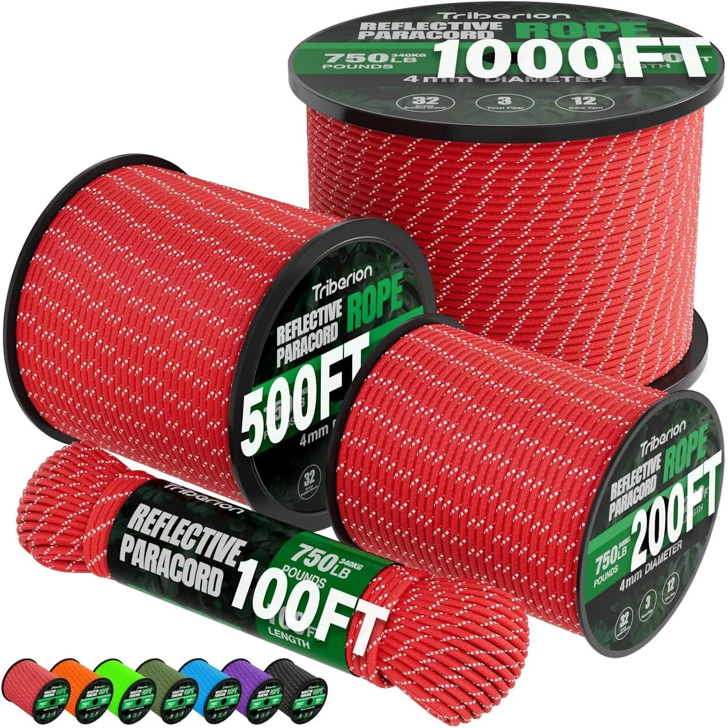 Reflective Paracord Rope 750 lb - 100ft 5/32" Parachute Cord 4MM 12-Strand para Cord - Heavy Duty Spool String for Survival,Camping Gear, Survival Bracelet, Clothesline - Red