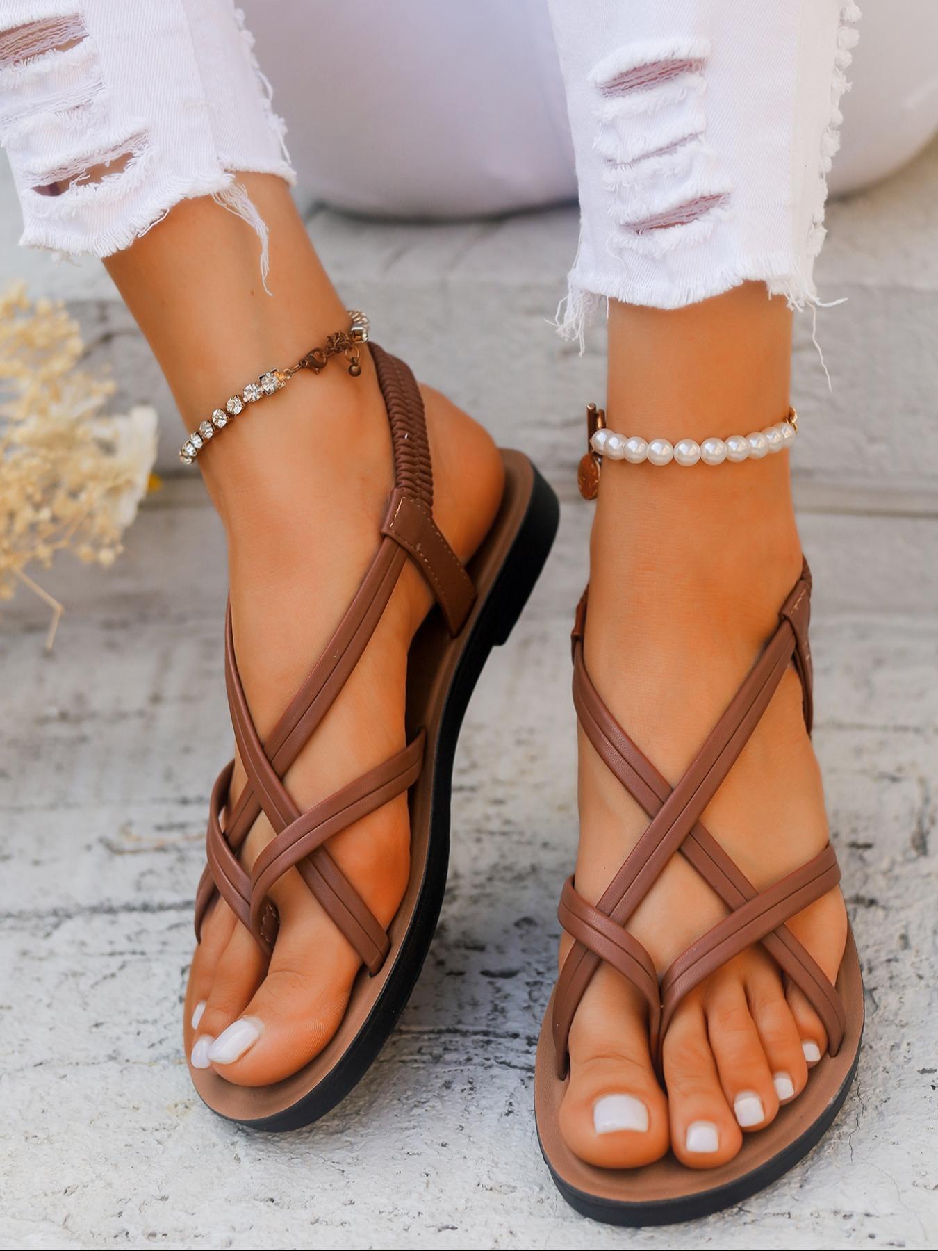 Women's Fashionable Plain Color  Slip on Crossed Strap Sandals for Summer, Boho Style Sandals, Stylish Casual Comfortable Flat Sandals for Beach Vacation, Female All-match Shoes for Daily Wear, Girl's Walking Shoes, Footwear