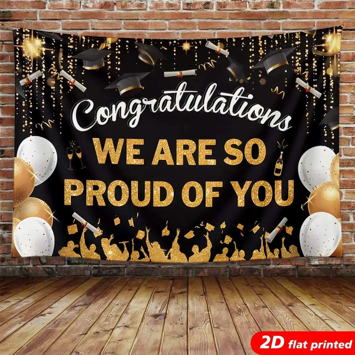 Black Gold Graduation Tapestry Wall Hanging, 2D Flat Printed with Balloons, Cap and Diploma, Smooth Backdrop for Graduation Party Decoration, Photo Booth, Grad Gift for Friends, Home Decor Room Decor Item, Gold Tapestries, Sparkly Gold-Tone Tapestries