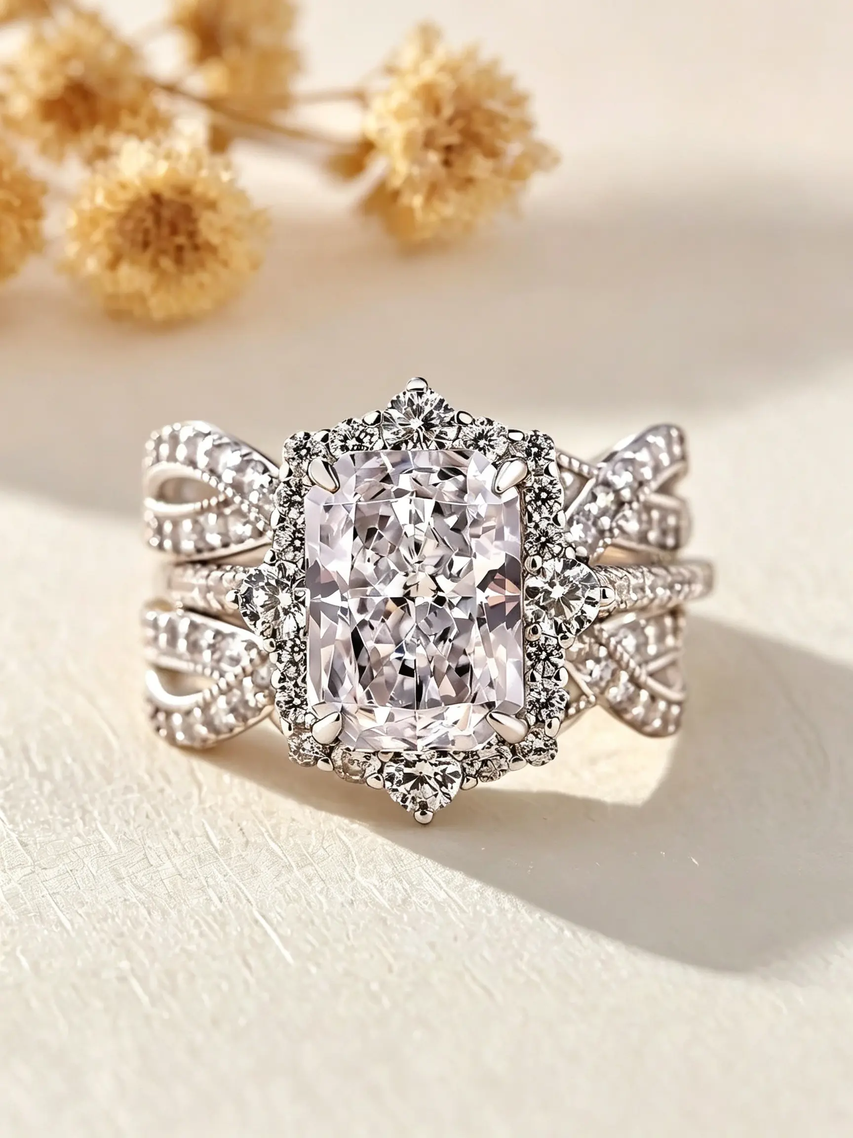 Sparkling Luxury White Zirconia Two-Piece Statement Ring for Ladies Banquets and Weddings, Silvery Elegant Engagement Ring, Radiant Cut Ring Solitaire Stackable Rings