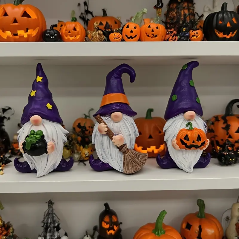 3Pcs Halloween Gnomes Decor | Resin Witch Gnome Set | Pumpkin Shelf Table Ornaments