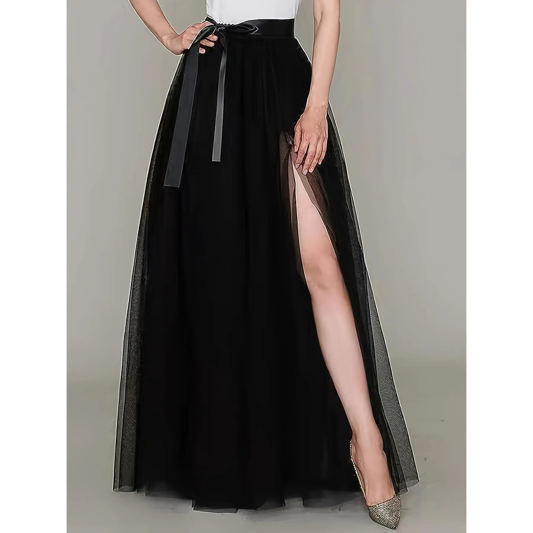 2026 Elegant high-waisted sheer long skirt, featuring a belt, slit hem, polyester lining, solid color, suitable for all seasons, mesh A-line skirt with elastic waistband and woven fabric