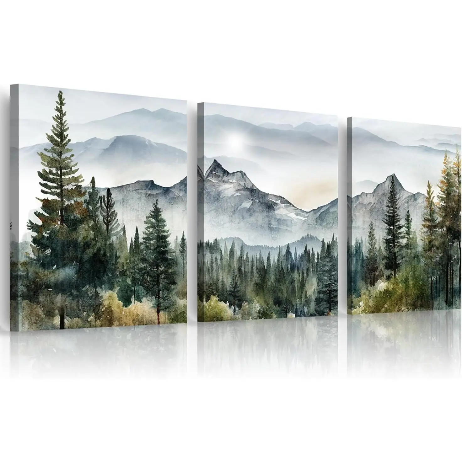 Abstract Mountain Forest Ink Painting Wall Art, 3 Piece Framed Canvas Print Set, Ready to Hang Living Room Bedroom Office Decor