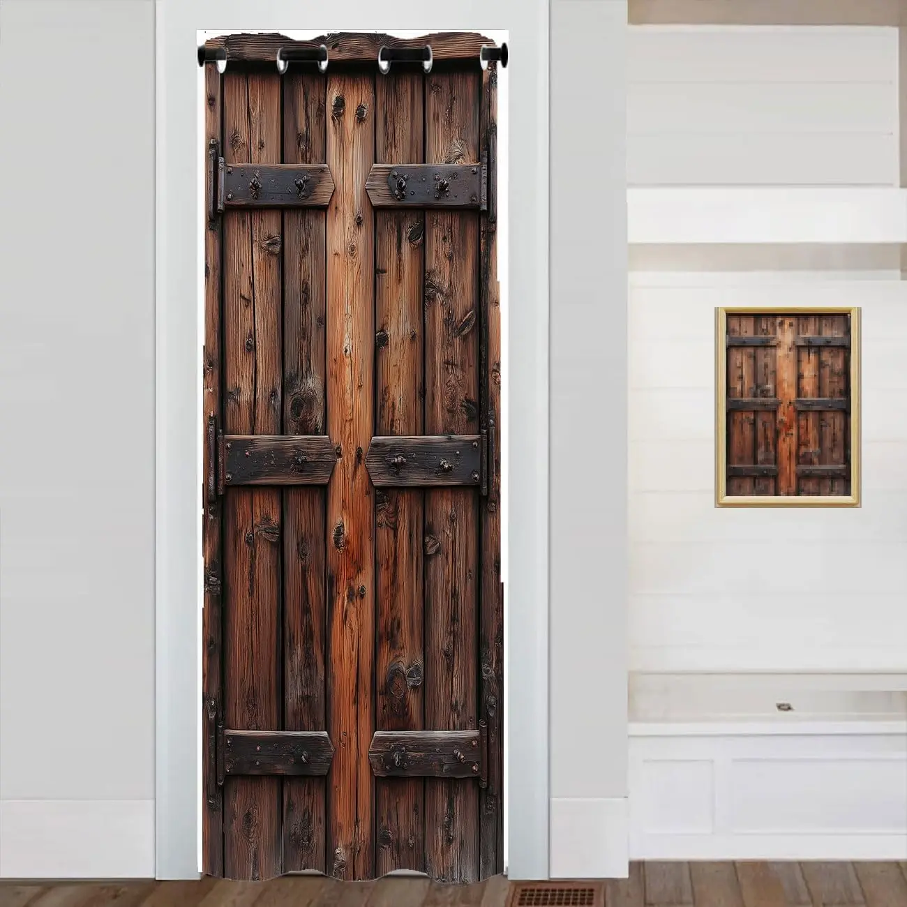 Rustic Wooden Door Curtain for Doorway   Wooden Barn Door Room Divider Curtain for Bedroom Living Room Closet Door, 1 Panel 34" W X 80" L