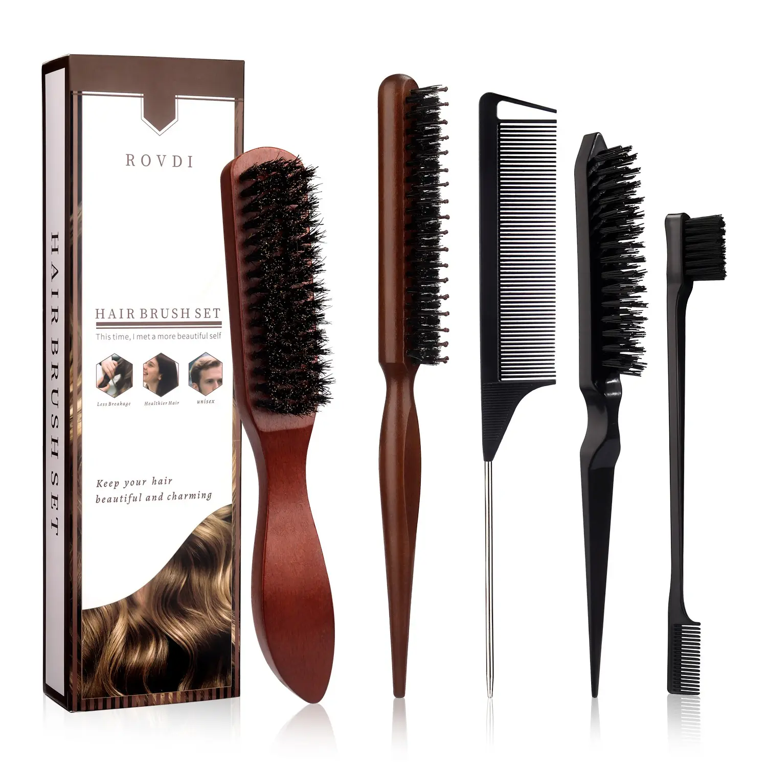 5pcs/Set Deluxe Boar Bristle Hair Brush & Comb Set - Unisex Edge Control Styling Kit for Slick Back, Teasing, Smoothing, Detangling, Anti Tangle Brush, and Adding Volume - Suitable for Curly, Normal, and Wavy Hair Types