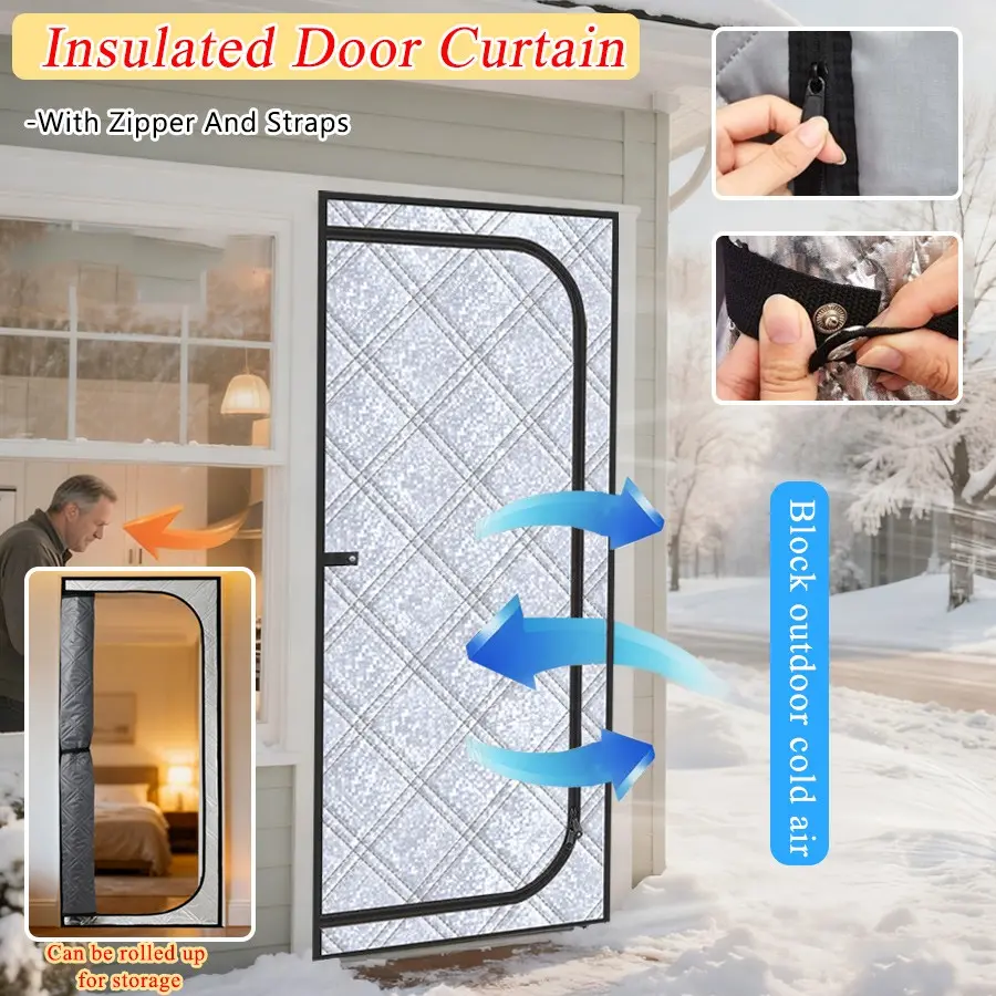Insulated Door Curtain with Zipper and Tie Straps, Aluminum Film Oxford Fabric, Windproof and Warm, Easy Installation, Winter Privacy Divider