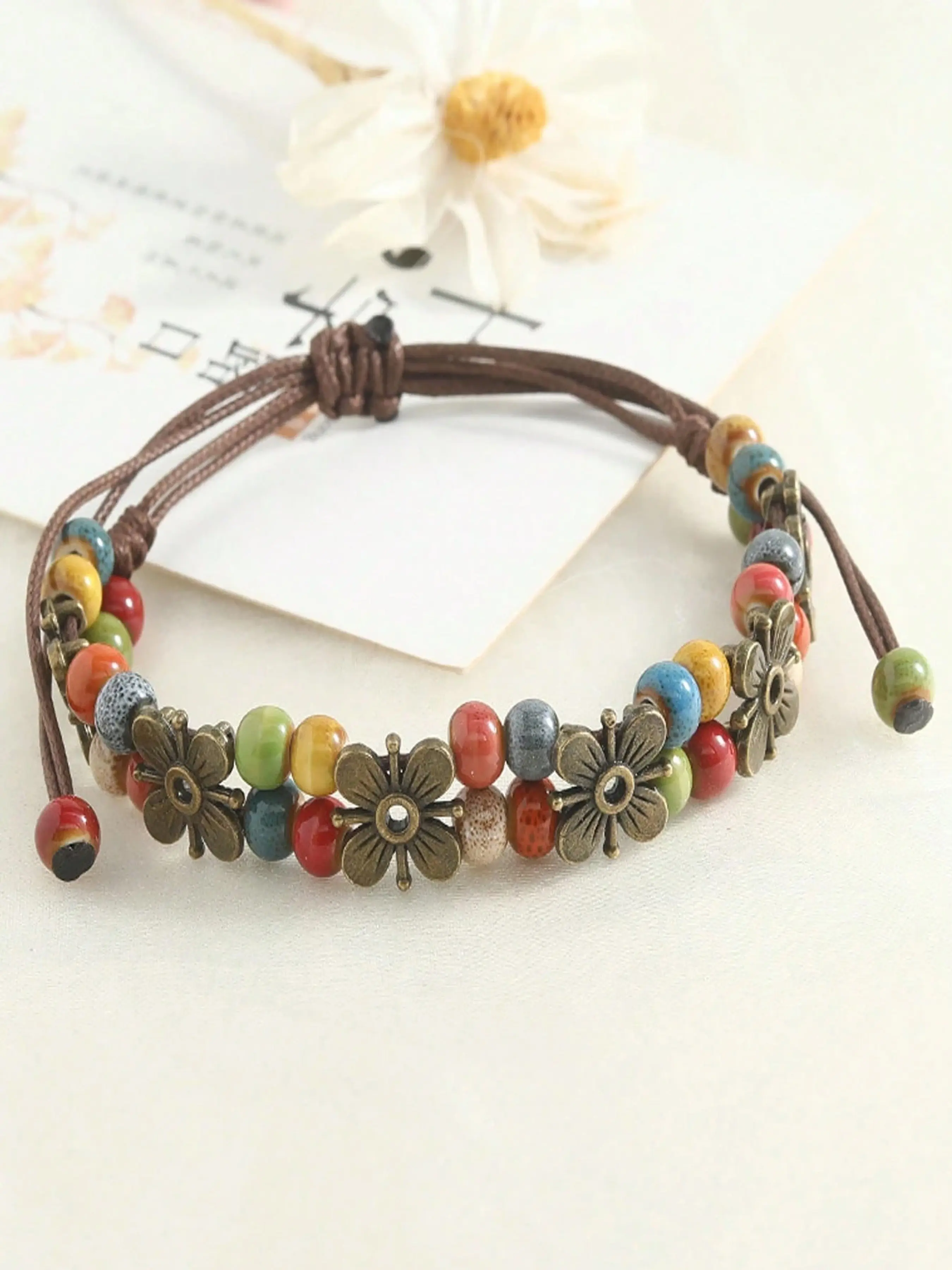 Boho Vintage Handmade Colorful Ceramic Bead Leather Rope Bracelet, Adjustable Knot, Floral Symbol, Perfect for Women Girls, Daily Wear Party Gift