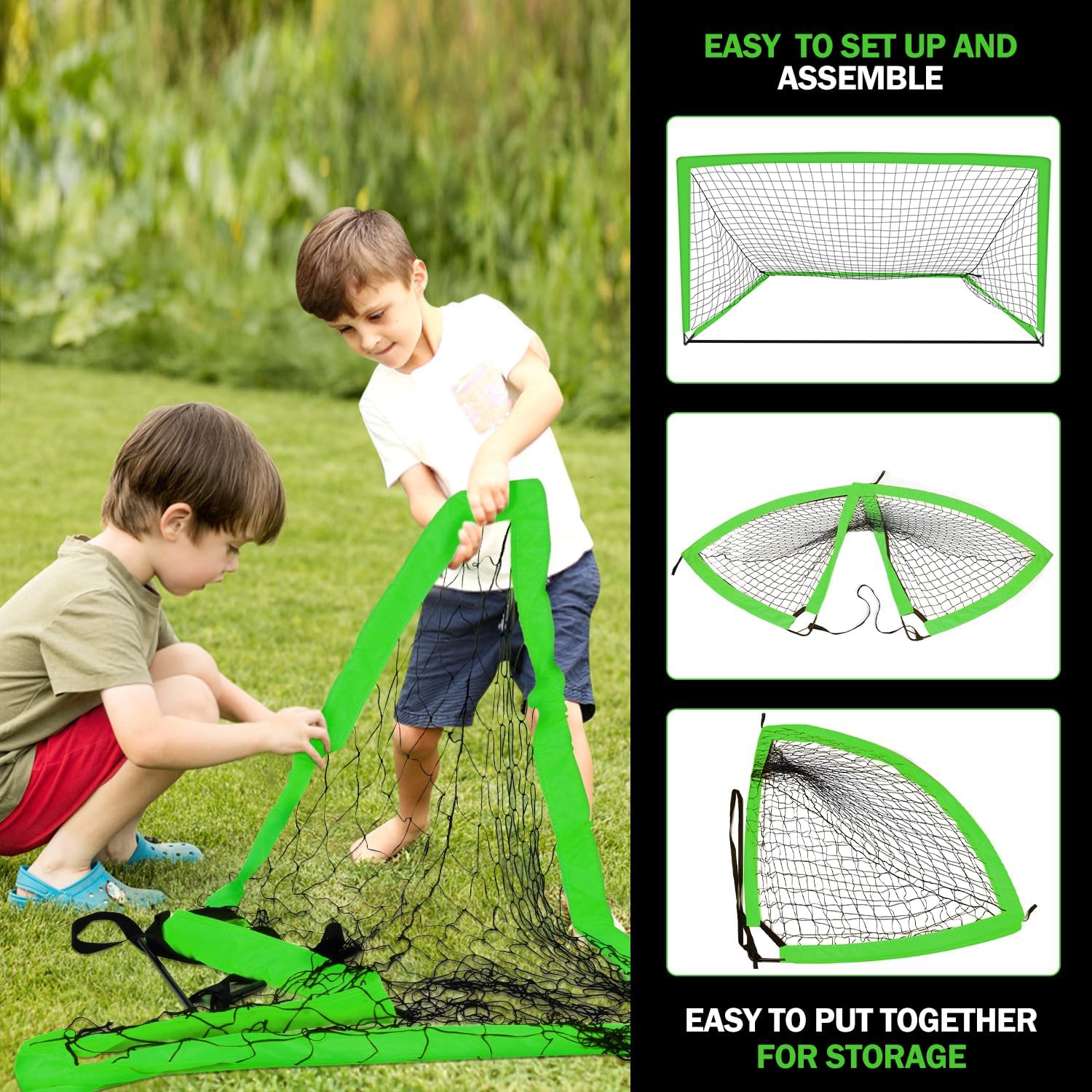 Portable Soccer Goal 9x5ft/6x4ft/4x3ft with Stakes - Green for Backyard, Indoor & Outdoor Use