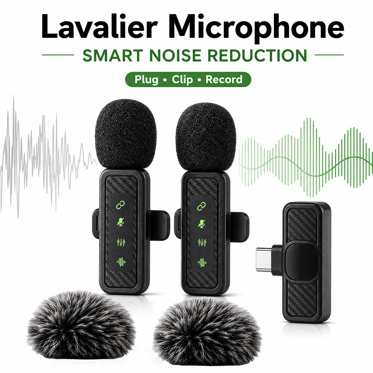 Wireless Lapel Microphone for USB-C Phones, 2-Pack, Rechargeable Wireless Mic, Noise-Canceling Clip-On Mic, Plug-And-Play Mini Mic for Live Streaming, Vlogs, Podcasts, Interviews