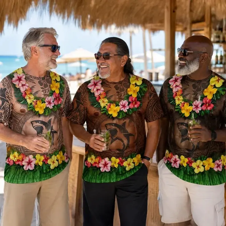 Personalized Aloha And Chill Hawaiian Shark Tattoo Shirt, Gift For Him From Friend, 3D Lei Luau Beach Gag Tee, Birthday Summer Party Gift