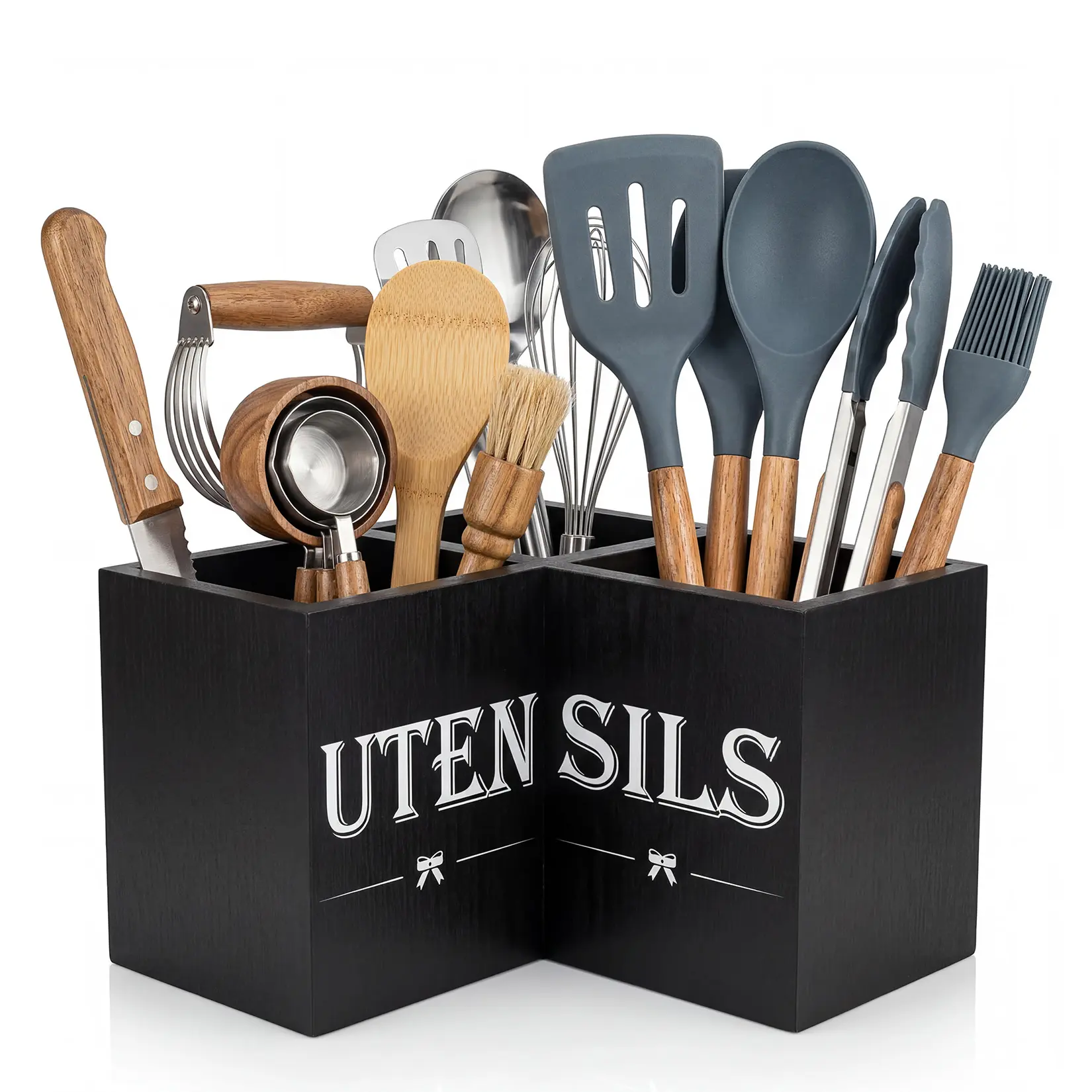 90-Degree Corner Wooden Utensil Holder, 3-Compartment Capacity Home Accessory, Matte Black Kitchen Countertop Organizer Caddy for Spoons, Spatulas, Knives, 9.5 x 9.5 x 6.2 Inches, Crisp 'Utensils' Print, Ideal for Coffee Bars, Single Unit