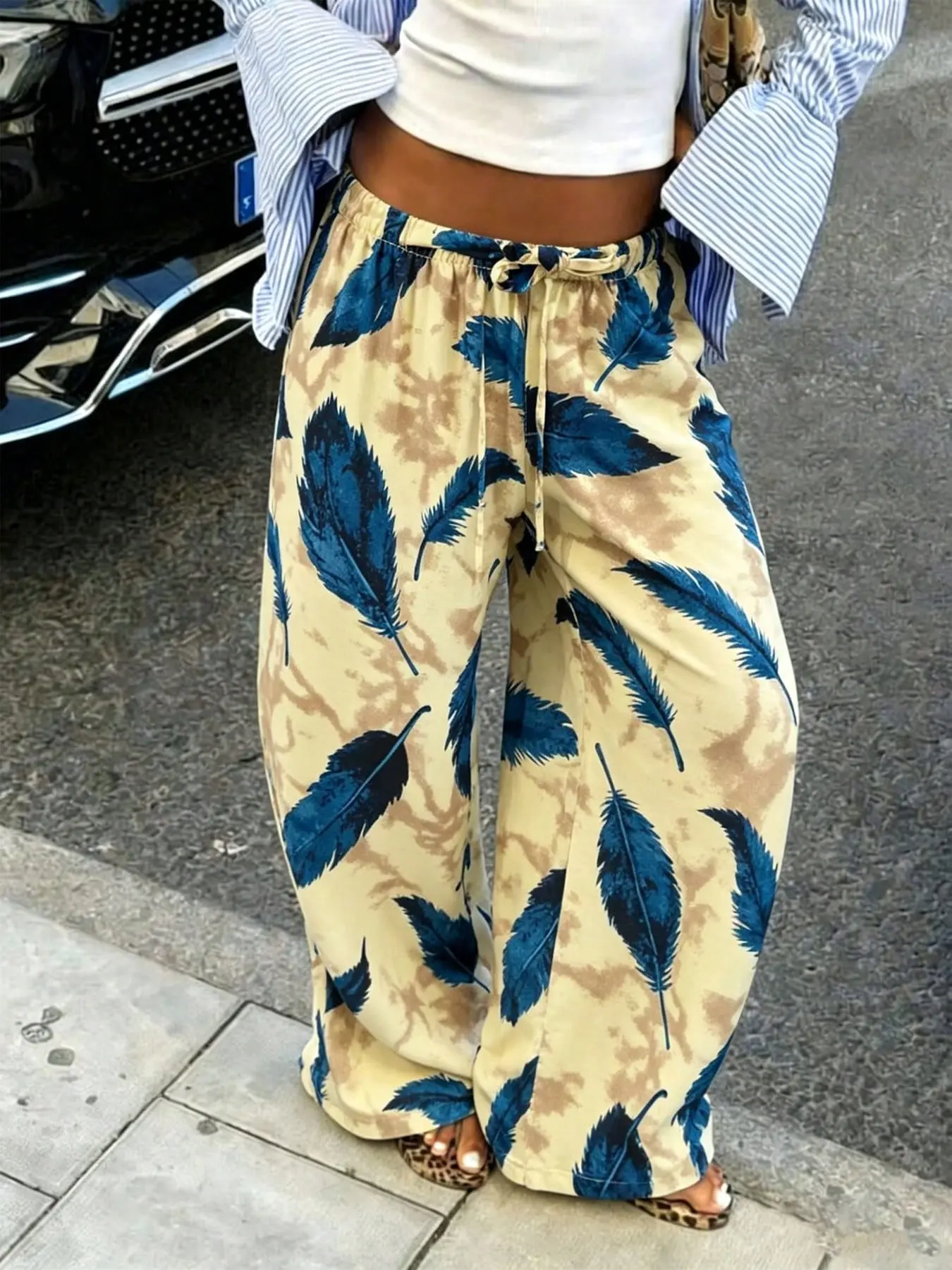 Summer Feather Print Wide Leg Pants, Casual Drawstring Elastic Waist Loose Long Pants, Lightweight Flowy Women's Beach Vacation Pants