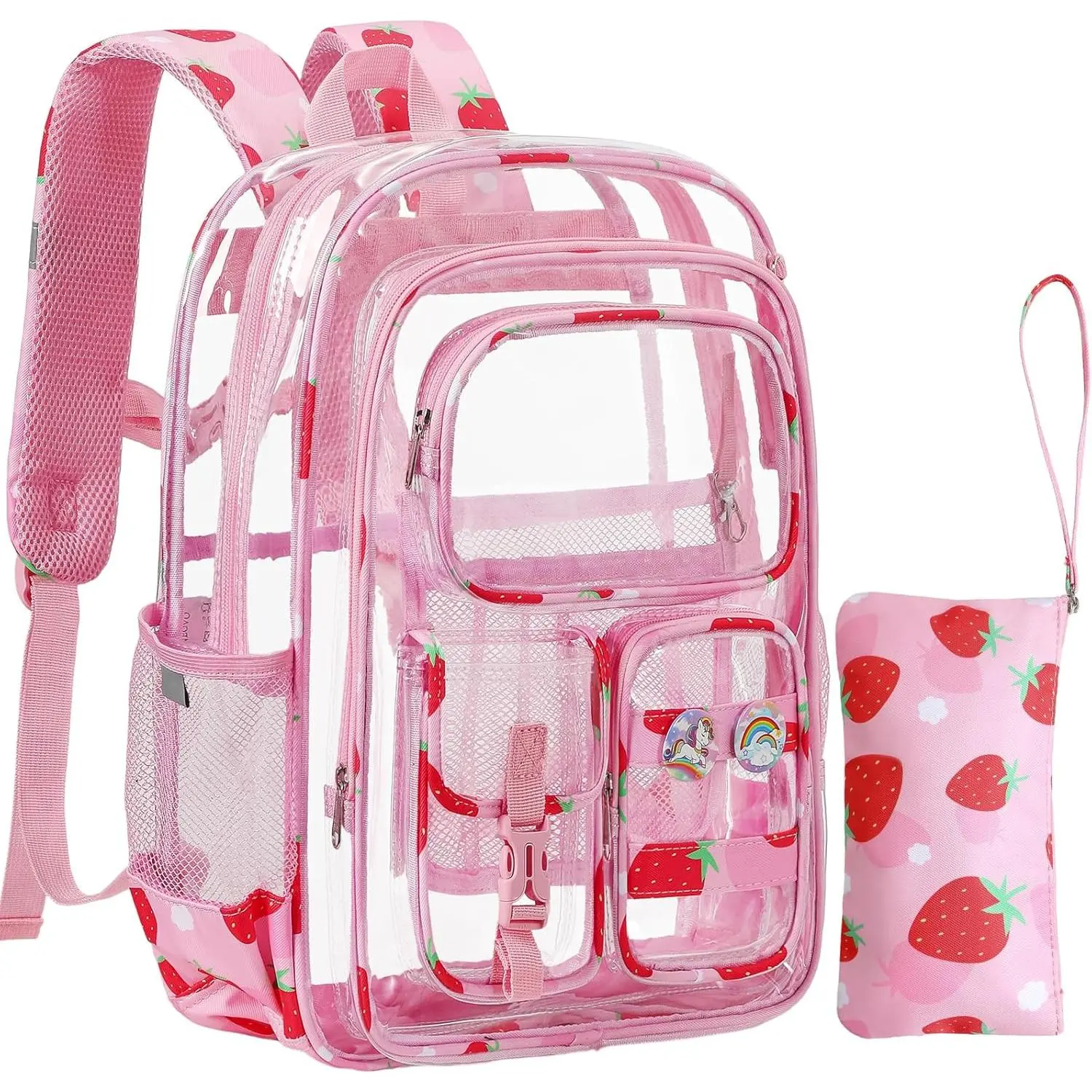 Clear Backpack for Kids, Strawberry Backpack for Girls, Water-Resistant See Through Bookbag with Chest Strap for Preschool Kindergarten College Travel Stadium Work Concert