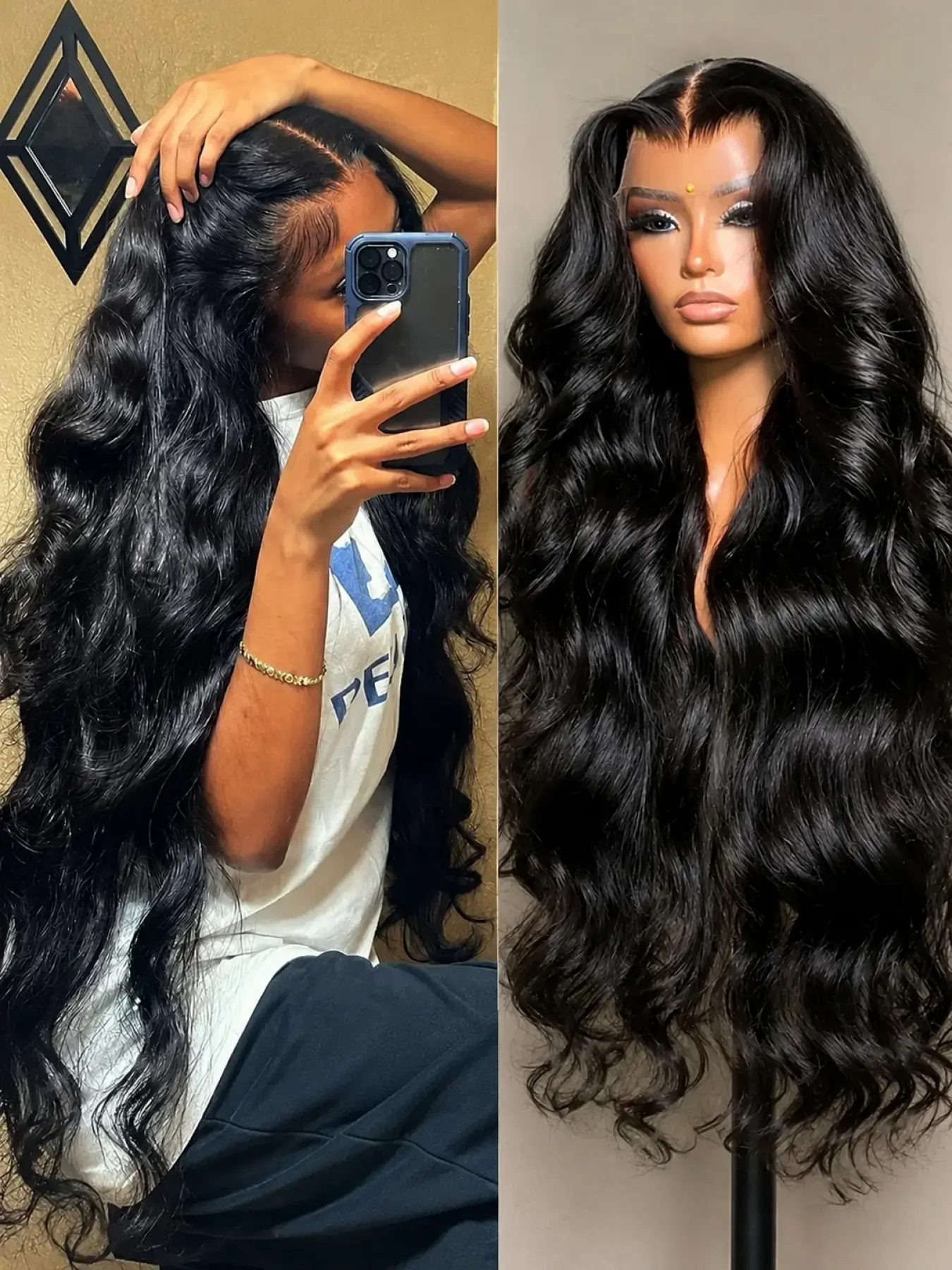 [Ribacee] 13*4 Lace Forehead Wave Wig | Deep Wave Large Curls Natural Black Lace Forehead Wig | High Density 180% , Pre-trimmed Hairline | Soft and Volumizing Long Wave Curls.