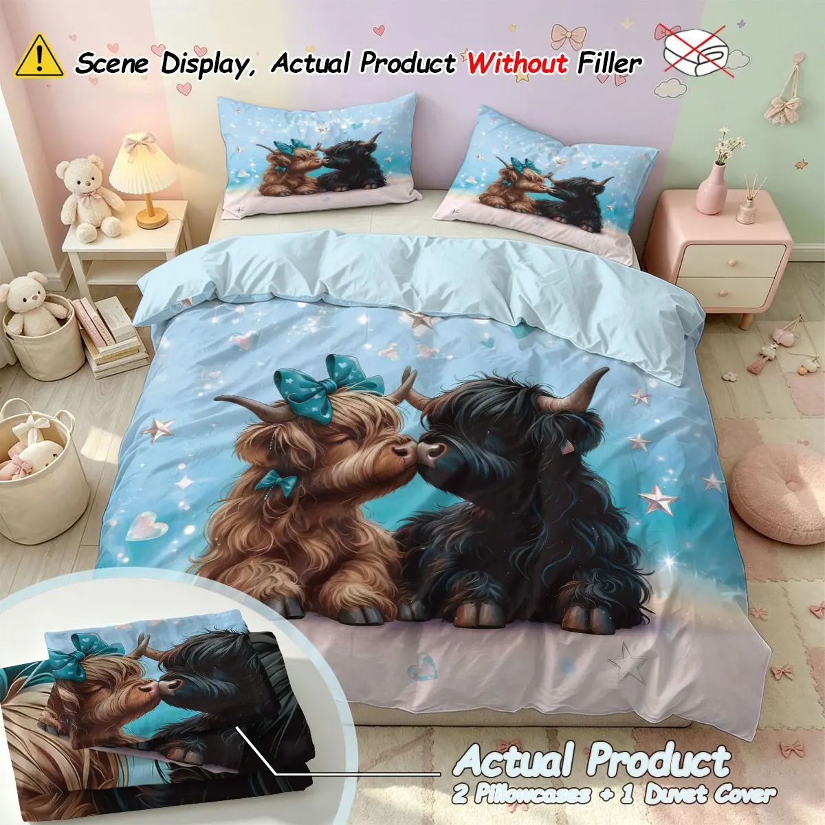 3-piece set (1 quilt cover + 2 pillowcases, coreless) with cute Highland element design printed quilt cover set, soft and comfortable bedding set, suitable for all room decoration, suitable as a gift, Duvet Cover Sets