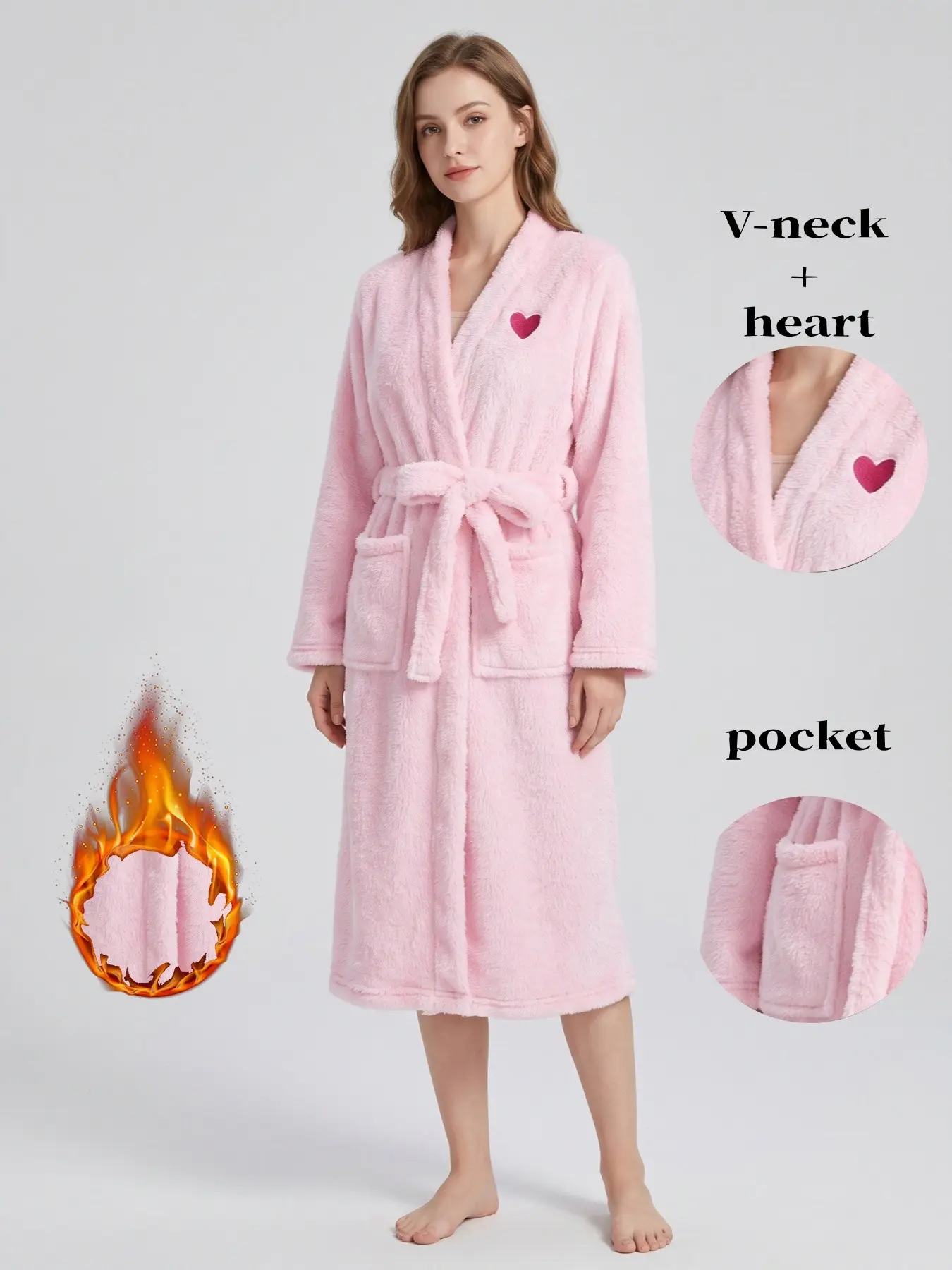Sweet Girl Style Pinkish- Fuzzy Long Sleeve Bathrobe Loungewear, Heart Embroidery Kimono Neck Long Sleepwear, Tie Waist Dual Pockets Comfortable Home Robe