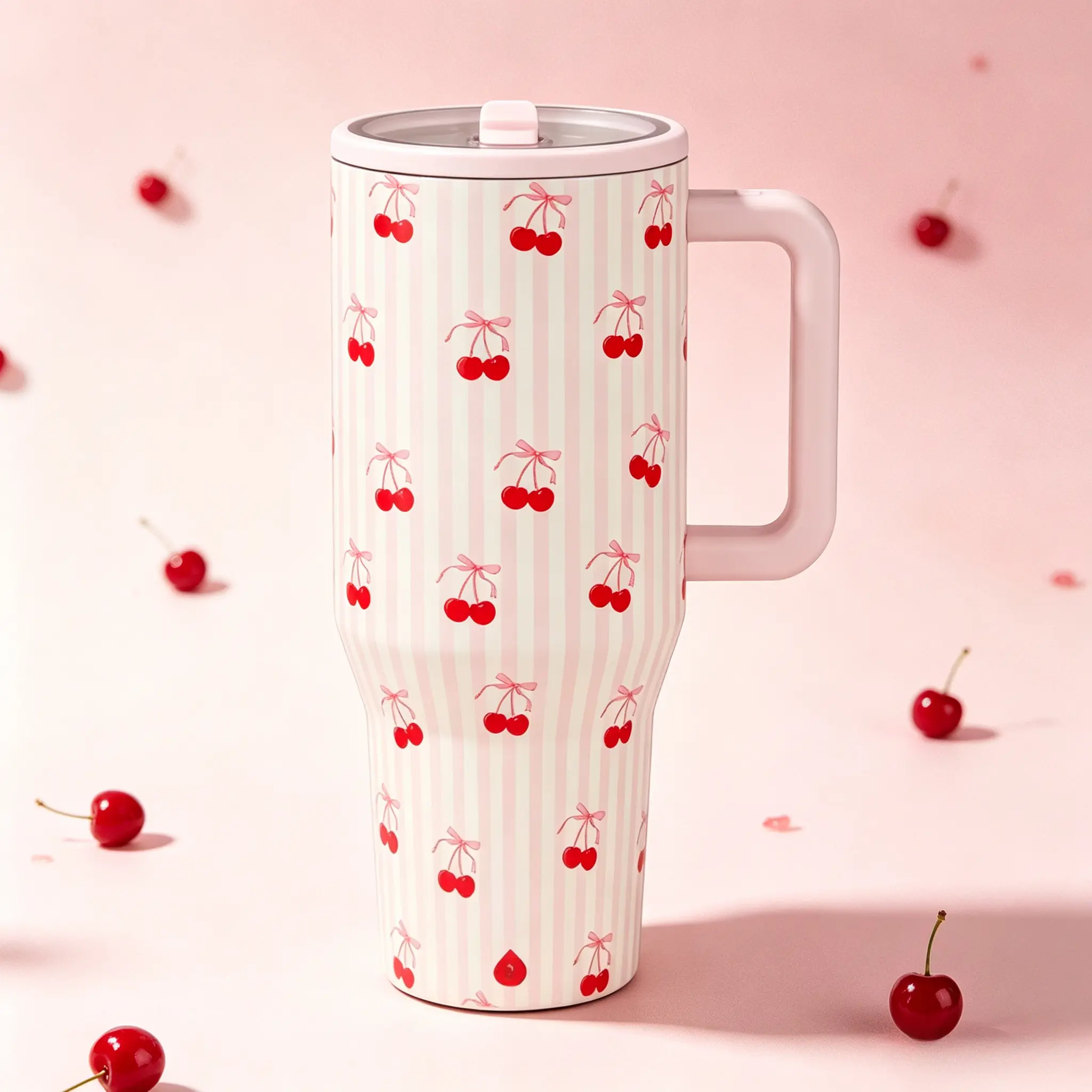 32oz Insulated Cherry Printed Water Bottle Tumbler with Lid - Unisex Insulated Vacuum Drinkware, Summer Must-Have for Students, Ideal for Family Outdoor Picnic (Party Gift for Home & Festive Supplies)