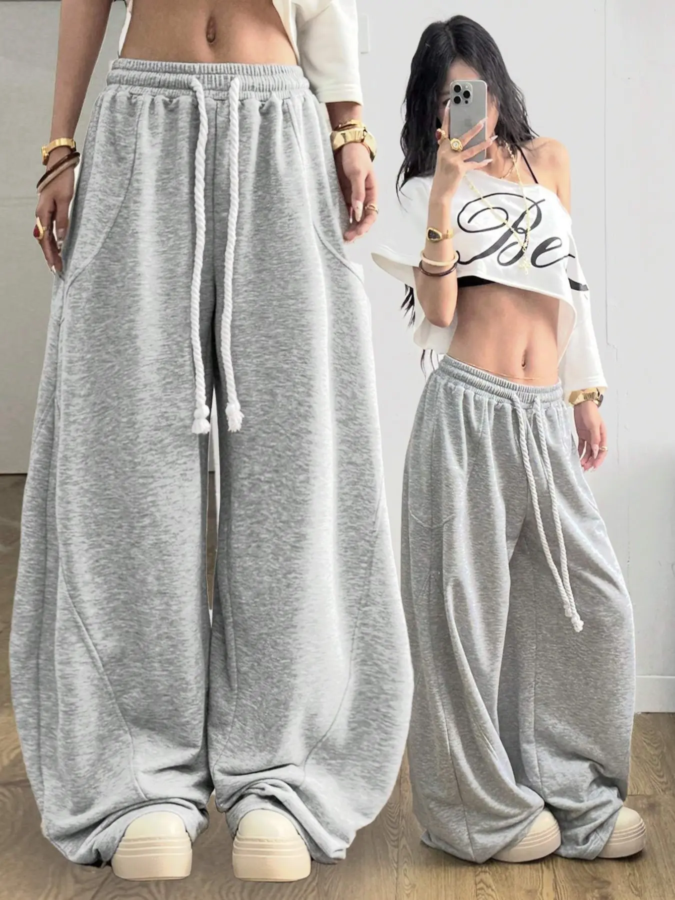 Stylish women's loose-fitting Baggy Oversize elastic waistband comfortable gray curved trousers